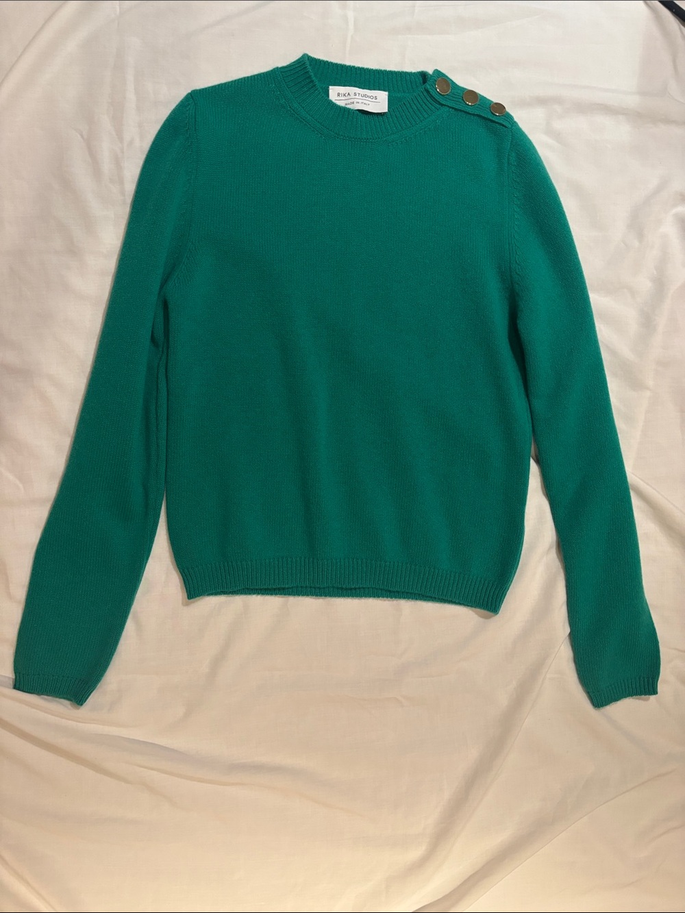 Rika Studios Emerald Cashmere/Wool Crewneck Sweater with Shoulder Buttons